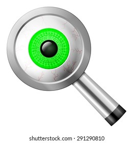 Magnifier with eye on a white background.