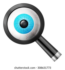 Magnifier with eye on a white background.