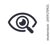 Magnifier with eye outline icon. Find icon, investigate concept symbol. Eye with magnifying glass. Appearance, aspect, look, view, creative vision icon for web and mobile – stock vector