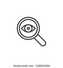 Magnifier with eye outline icon. linear style sign for mobile concept and web design. Eye test simple line vector icon. Symbol, logo illustration. Pixel perfect vector graphics