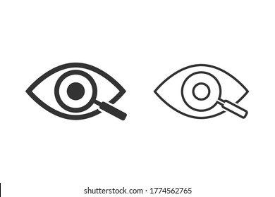 Magnifier with eye outline line icon set. Find icon, investigate concept symbol. Eye with magnifying glass. Appearance, aspect, look, view, creative vision icon for web and mobile – stock vector