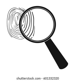 Magnifier and fingerprint. Detection of criminals by fingerprint.Prison single icon in black style vector symbol stock illustration.