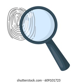 Magnifier and fingerprint. Detection of criminals by fingerprint.Prison single icon in cartoon style vector symbol stock illustration.