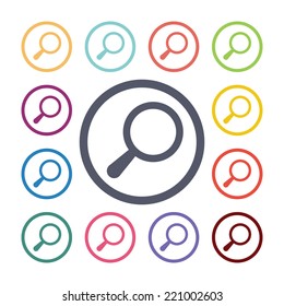 magnifier flat icons set. Open round colorful buttons. Vector 