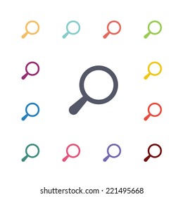 magnifier flat icons set. Open round colorful buttons. Vector 