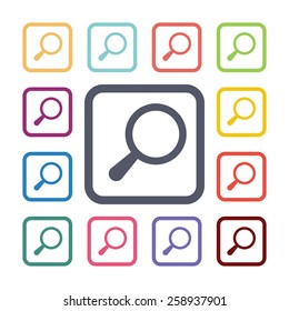 magnifier flat icons set. Open round colorful buttons. Vector 