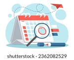 Magnifier focus Red pen marks the date, holiday, priority, important, and reminder day on calendar concept on blue background. Vector illustration flat design for banner and poster.