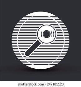 Magnifier with fork knife icon. Flat design style. Made vector illustration