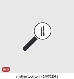 Magnifier with fork knife icon. Flat design style. Made vector illustration