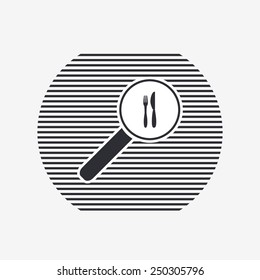 Magnifier with fork knife icon. Flat design style. Made vector illustration