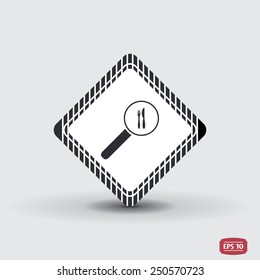 Magnifier with fork knife icon. Flat design style. Made vector illustration