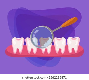 Magnifier in front of tooth with cavity vector illustration. Magnifying glass, bad tooth examination and treatment on purple background. Stomatology or dentistry, health, medicine concept