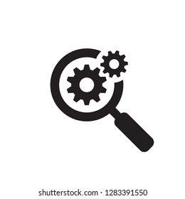 Magnifier with gear cogwheel - black icon on white background vector illustration for website, mobile application, presentation, infographic. Lens concept sign. SEO. Web optimization. 