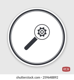 Magnifier with gear icon. Flat design style. Made vector illustrator. Emblem or label with shadow.