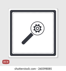 Magnifier with gear icon. Flat design style. Made vector illustrator. Emblem or label with shadow.