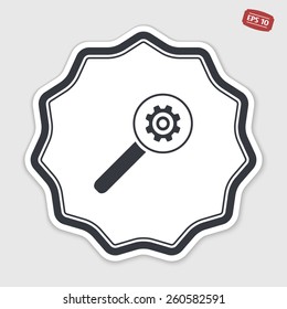 Magnifier with gear icon. Flat design style. Made vector illustrator. Emblem or label with shadow.