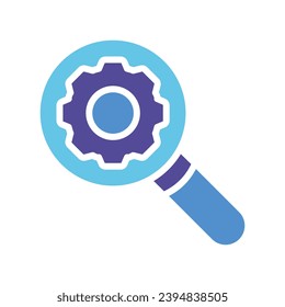 Magnifier with gear. Magnifying glass, settings, customization, adjustment, control panel, research, science, modern technologies, options. Colorful icon on white background