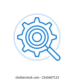 Magnifier gear vector line icon. Search and research symbol with further optimization. Increase industrial mechanics with science system data. Gear wheel of progress and improvement of discoveries.
