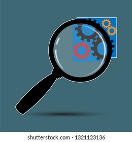 Magnifier and gears. Technical composition, symbol, emblem, icon, sign. Vector illustration