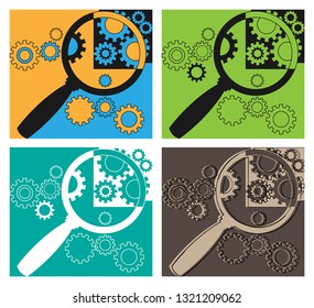 Magnifier and gears. Technical composition, symbol, emblem, icon, sign. Four versions of one picture. Vector set