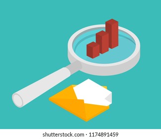 Magnifier glass with bar graph. Business and data analysis vector