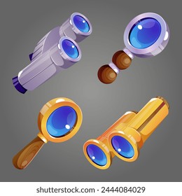 Magnifier glass and binocular cartoon vector set. Magnify tools for information search and science research. Enlarge, focus and analysis concept. Business vision and strategy or economics monitoring.