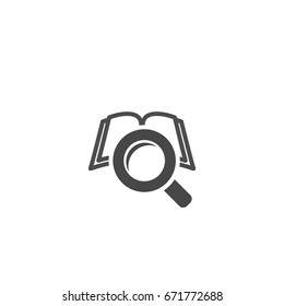 Magnifier glass and book isolated on white. Search button for web pages. Vector illustration. Flat pictogram. Book search icon. Library symbol. Black and white