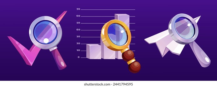 Magnifier glass with checkmark, graph and paper plane. Cartoon vector illustration set of business research or education and science tool. Lupa lens zoom and enlarge while monitoring information.