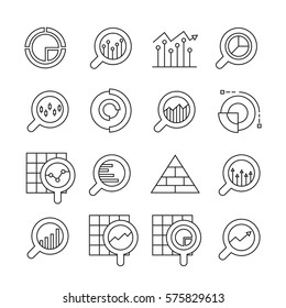 magnifier glass and data chart icons in thin line style