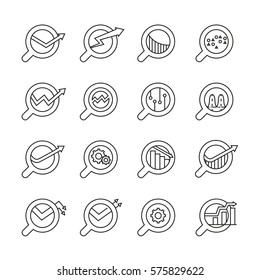 magnifier glass and data chart icons in thin line style