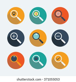 Magnifier glass flat icon. Search icons set. Flat design vector collection with long shadow.