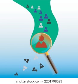 Magnifier glass focus to manager icon which is among staff icons for human development recruitment.
