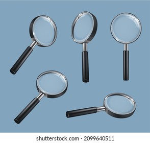 Magnifier glass. Focused transparent lens zoom loupe window round frame business tools decent vector realistic illustrations set isolated