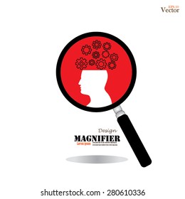 Magnifier glass with gear and human open head.magnifier with gear.vector illustration.