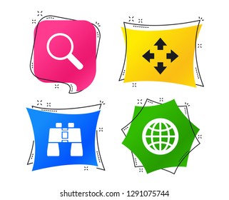 Magnifier glass and globe search icons. Fullscreen arrows and binocular search sign symbols. Geometric colorful tags. Banners with flat icons. Trendy design. Vector