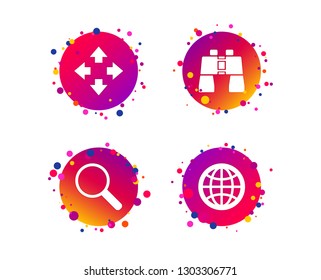 Magnifier glass and globe search icons. Fullscreen arrows and binocular search sign symbols. Gradient circle buttons with icons. Random dots design. Vector