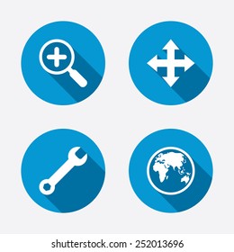 Magnifier glass and globe search icons. Fullscreen arrows and wrench key repair sign symbols. Circle concept web buttons. Vector