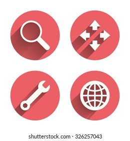 Magnifier glass and globe search icons. Fullscreen arrows and wrench key repair sign symbols. Pink circles flat buttons with shadow. Vector