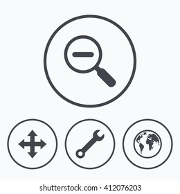 Magnifier glass and globe search icons. Fullscreen arrows and wrench key repair sign symbols. Icons in circles.