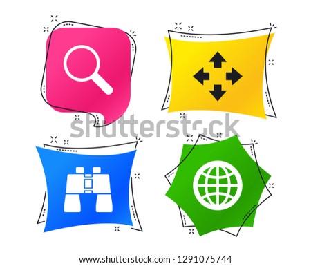 Magnifier glass and globe search icons. Fullscreen arrows and binocular search sign symbols. Geometric colorful tags. Banners with flat icons. Trendy design. Vector