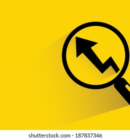 magnifier glass and graph on yellow background, shadow and flat style