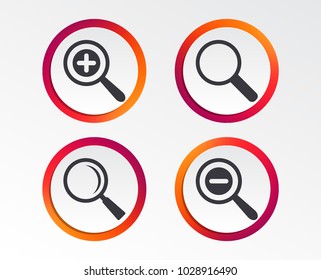 Magnifier glass icons. Plus and minus zoom tool symbols. Search information signs. Infographic design buttons. Circle templates. Vector