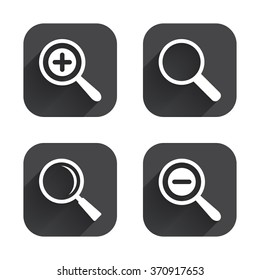 Magnifier glass icons. Plus and minus zoom tool symbols. Search information signs. Square flat buttons with long shadow.