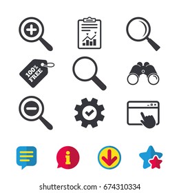 Magnifier glass icons. Plus and minus zoom tool symbols. Search information signs. Browser window, Report and Service signs. Binoculars, Information and Download icons. Stars and Chat. Vector