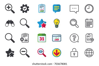 Magnifier glass icons. Plus and minus zoom tool symbols. Search information signs. Chat, Report and Calendar signs. Stars, Statistics and Download icons. Question, Clock and Globe. Vector