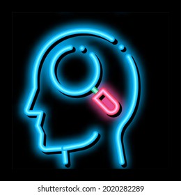 Magnifier Glass In Man Silhouette Mind neon light sign vector. Glowing bright icon transparent symbol illustration