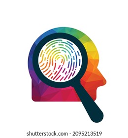 Magnifier Glass In Man Silhouette Mind. Finger print find in man head.