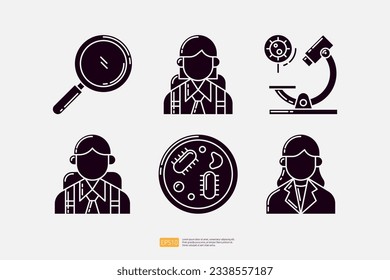 magnifier glass, microscope lab, student and teacher character, mold fungus bacteria colony. knowledge and education icon. science and school vector illustration
