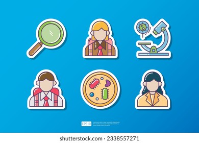 magnifier glass, microscope lab, student and teacher character, mold fungus bacteria colony. knowledge and education flat sticker icon. science and school vector illustration