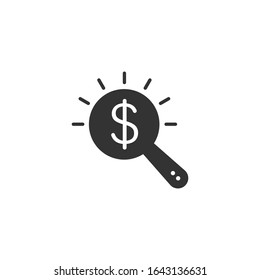 Magnifier glass with money icon in flat style. Dollar search vector illustration on white isolated background. Financial currency business concept.